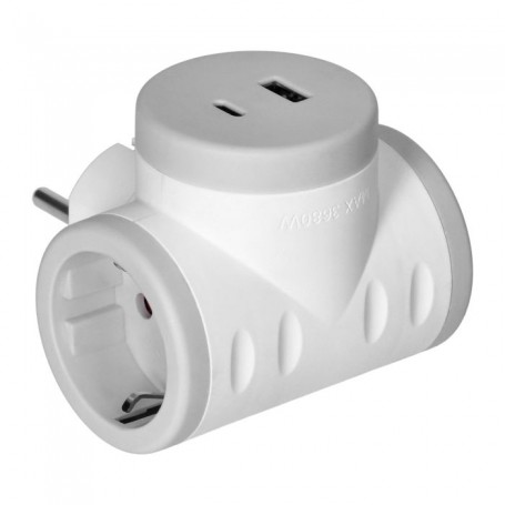 Bloco tomadas 2P+T(Schuko) com carregador 2xUSB+USB A, Quickcharge, branco-cinza