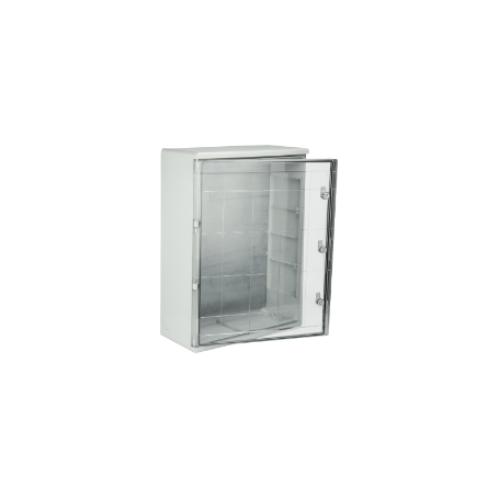 Caixa estanque termoplástica. Porta lisa (TRANSPARENTE). Dimensões externas 600x800x260. Com placa d