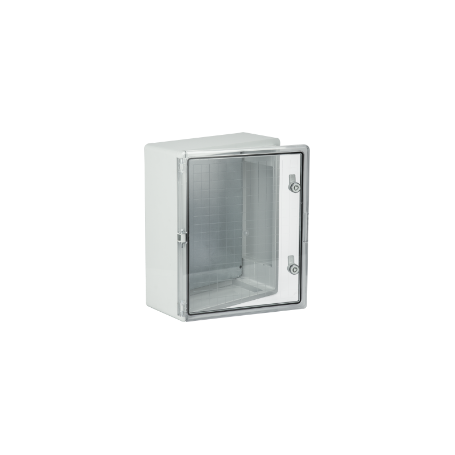 Caixa estanque termoplástica. Porta lisa (TRANSPARENTE). Dimensões externas 400x500x180. Com placa d