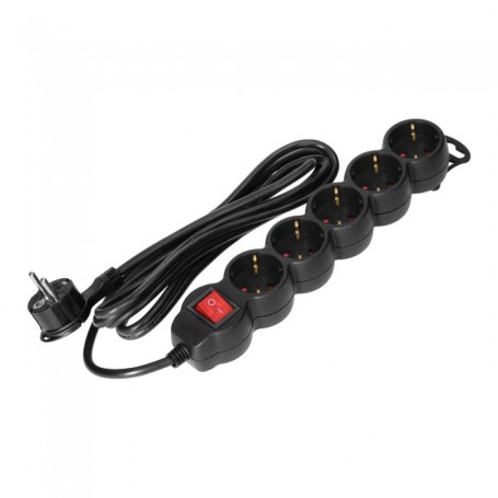 Extensão Quintupla 5x 2P+T c/interruptor, 5m, Schuko H05VV-F 1x1.5mm2, Imax16A, preta