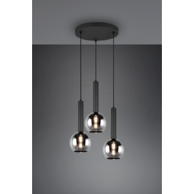CANDEEIRO SUSPENSO CLAYTON 3XE27 GLASS SMOKE METAL BLACK MAT