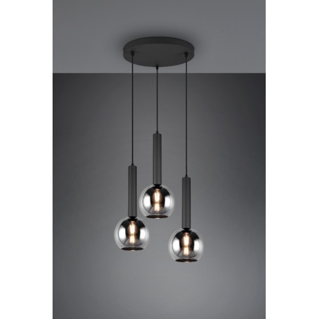 CANDEEIRO SUSPENSO CLAYTON 3XE27 GLASS SMOKE METAL BLACK MAT