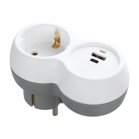 Tomada dupla 2P+T com carregador USB-A+C, schuko, branco-cinza